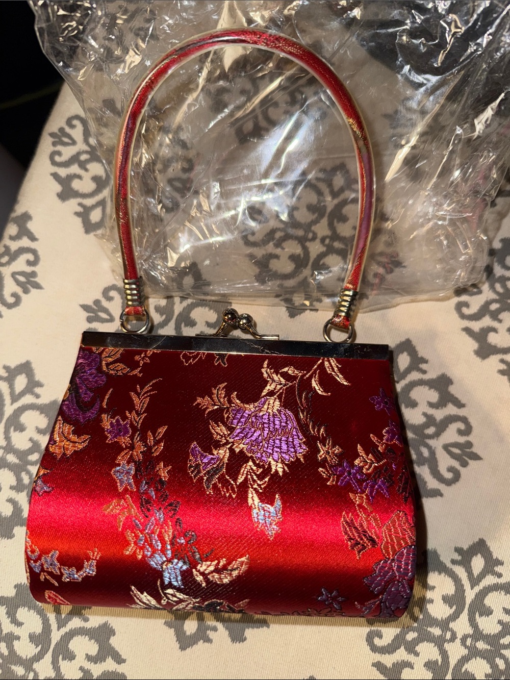 Elegant Red Floral Satin Evening Bag